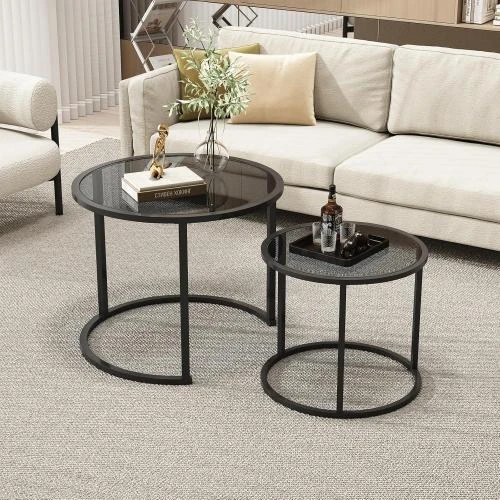 Zoom sur Tables basses gigognes noires BAOGELIYA, verre trempé, métal