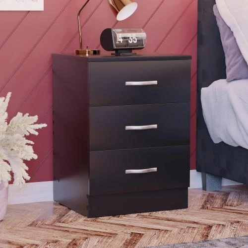 Détail de Table de nuit noire, 3 tiroirs, système anti-déformation