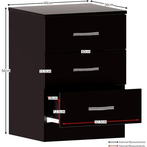 Zoom sur Table de nuit noire, 3 tiroirs, système anti-déformation