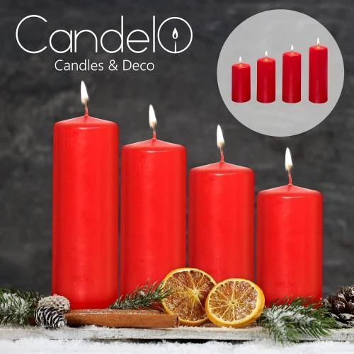 Zoom sur Bougies piliers Noël, lot 4, ambiance rouge, décoration
