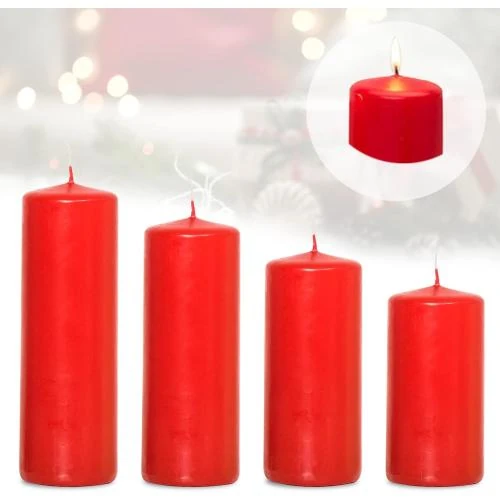 Bougies piliers Noël, lot 4, ambiance rouge, décoration - Vue principale