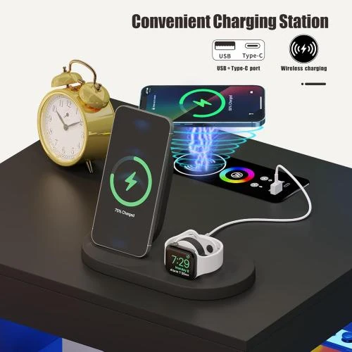 Zoom sur Table de chevet intelligente HWB, LED, chargeur, noir