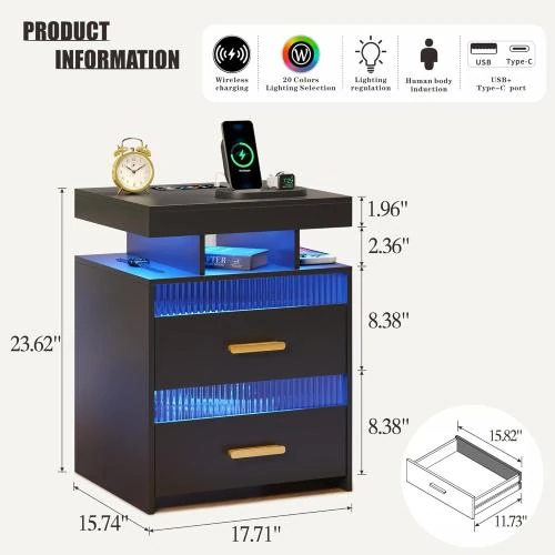 Détail de Table de chevet intelligente HWB, LED, chargeur, noir