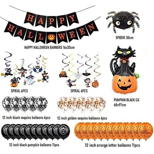 Zoom sur Ballons Halloween, Bannières Citrouilles, Fantômes, Sorcières, Décor
