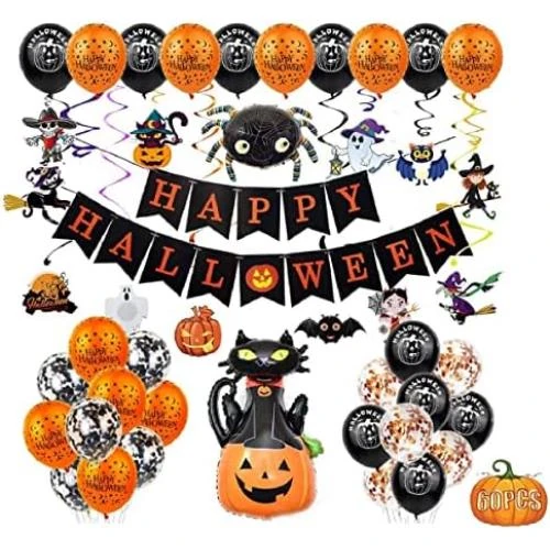 Ballons Halloween, Bannières Citrouilles, Fantômes, Sorcières, Décor - Vue principale
