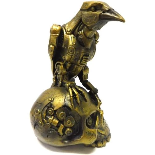 Détail de Sculpture Steampunk corbeau noir, tête de mort, PTC