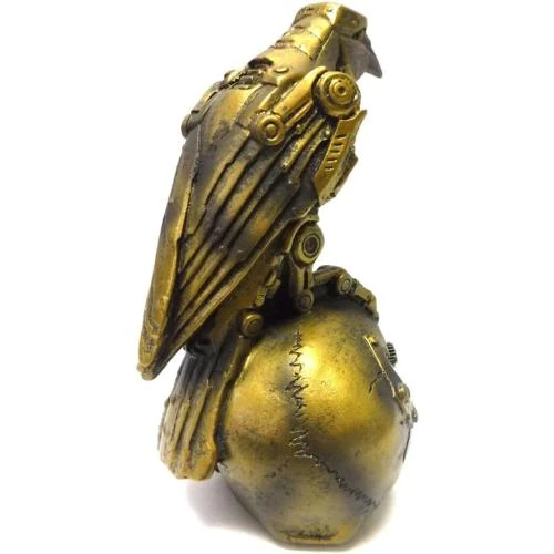 Zoom sur Sculpture Steampunk corbeau noir, tête de mort, PTC