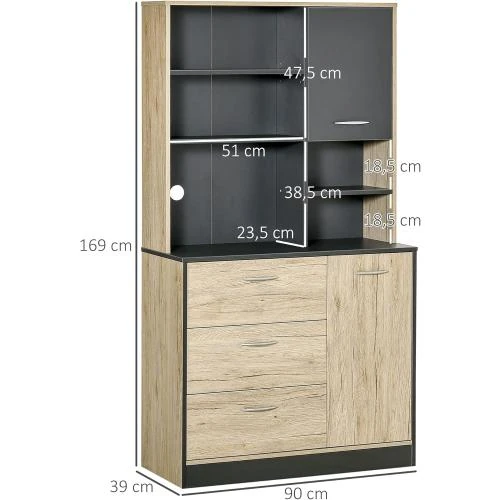 Zoom sur Buffet Cuisine Armoire Multi-rangements 2 Portes, 3 Tiroirs, Bicolore