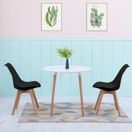 Zoom sur Table à Manger Ronde Scandinave, 2 Chaises Blanches