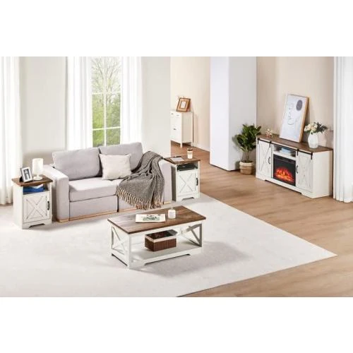 Détail de Ensemble table ferme 5 pièces, support TV, blanc vieilli