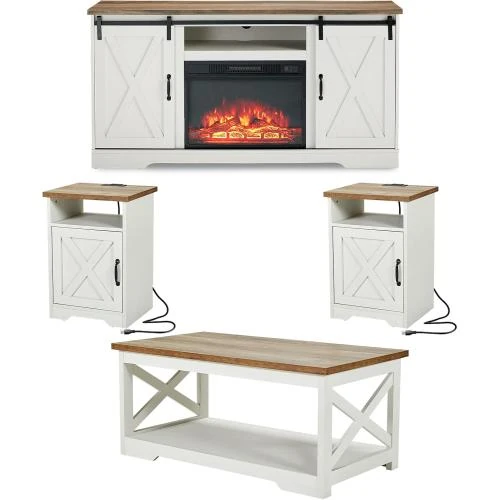 Ensemble table ferme 5 pièces, support TV, blanc vieilli - Vue principale