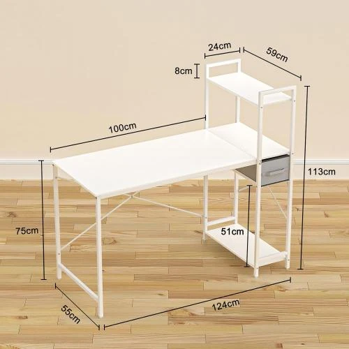 Détail de Table Bureau Réversible 124CM, Étagère, Tiroir, Rangement