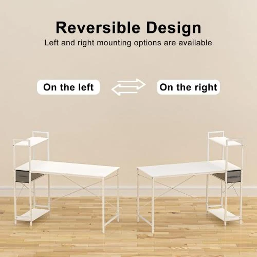 Zoom sur Table Bureau Réversible 124CM, Étagère, Tiroir, Rangement