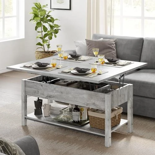 Table basse multifonction FABATO, plateau relevable, rangement - Vue principale