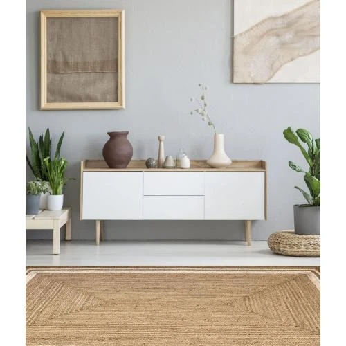 Détail de Tapis Jute Alhambra Naturel, Bord Blanc, Fait Main