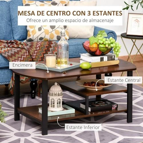 Zoom sur Table basse vintage bois, 2 étagères, marron rustique