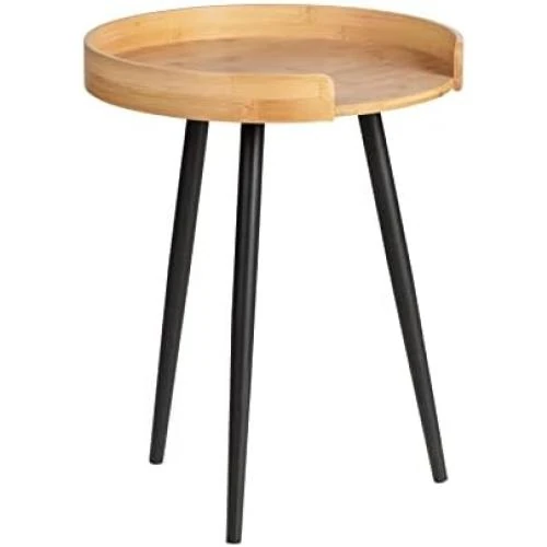Table Basse Ronde Bois Bambou, Pied Métal Noir, Meuble Salon Tendance - Vue principale