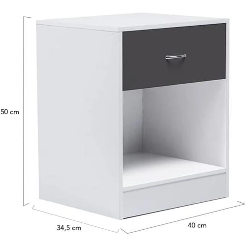 Zoom sur Tables de Chevet Olga, Bois Blanc, Tiroir Gris, Lot 2