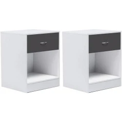 Tables de Chevet Olga, Bois Blanc, Tiroir Gris, Lot 2