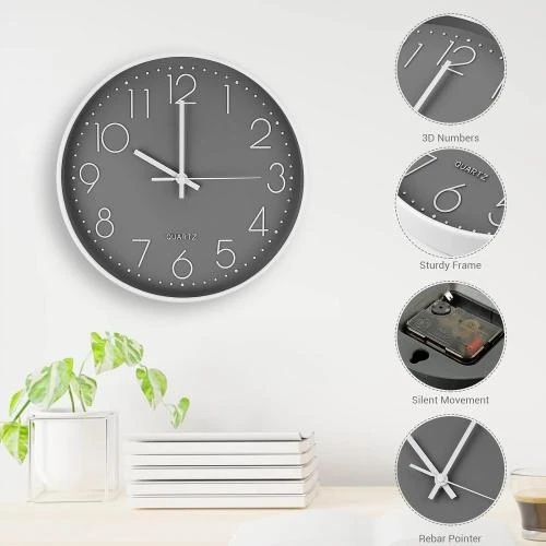 Zoom sur Horloge Murale Moderne Silencieuse Czemo, Quartz, Gris