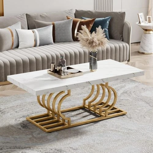 Table Basse Moderne Faux Marbre, Pieds Métal Blanc Or - Vue principale