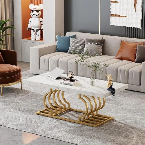 Zoom sur Table Basse Moderne Faux Marbre, Pieds Métal Blanc Or