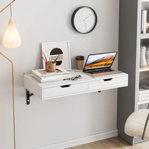 Zoom sur Bureau Mural FOREHILL, Table Suspendue, Étagère, Blanc