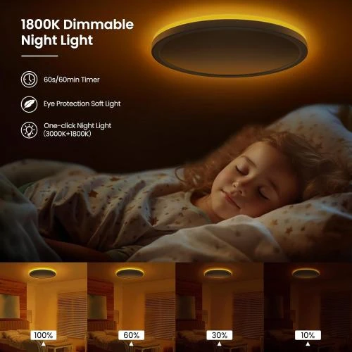 Zoom sur Plafonnier LED Dimmable, Télécommande, Veilleuse 1800K, Rond