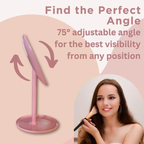 Zoom sur Miroir cœur rose lumineux, plateau rangement, esthétique maquillage