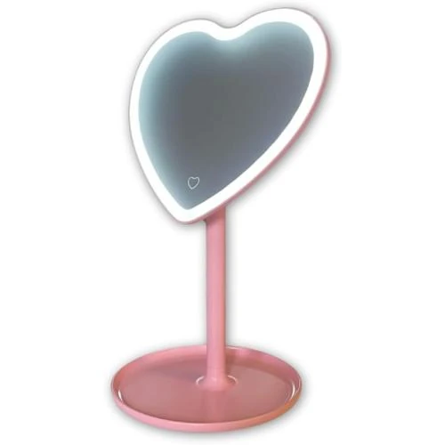 Miroir cœur rose lumineux, plateau rangement, esthétique maquillage - Vue principale