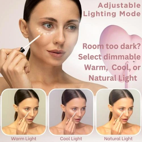 Détail de Miroir cœur rose lumineux, plateau rangement, esthétique maquillage