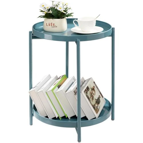 Table d'appoint ronde pliable, deux niveaux, bleu gris - Vue principale