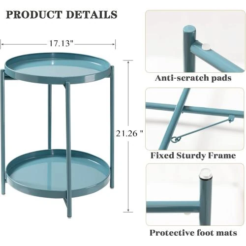 Zoom sur Table d'appoint ronde pliable, deux niveaux, bleu gris