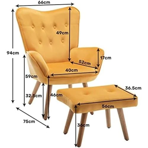 Zoom sur Fauteuil Relax Velours Jaune, Repose-Pied et Accoudoirs