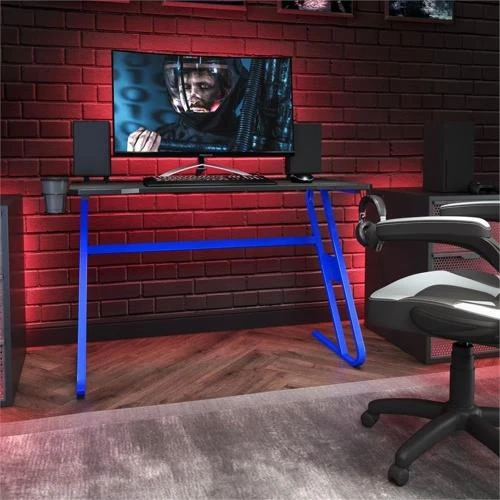 Détail de Bureau de jeu ergonomique Flash Furniture, bleu, porte-gobelet, crochet casque