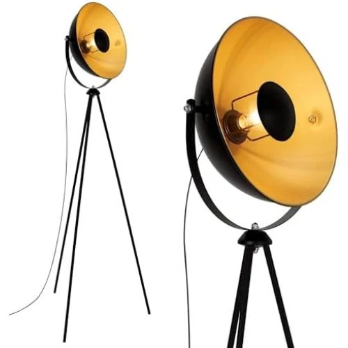 Lampadaire trépied vintage style projecteur cinéma, abat-jour métal noir mat - Vue principale