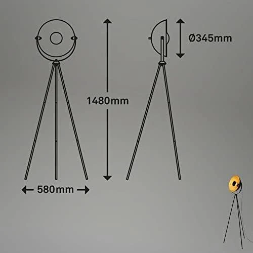 Zoom sur Lampadaire trépied vintage style projecteur cinéma, abat-jour métal noir mat