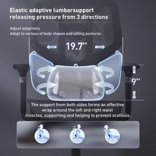 Zoom sur Chaise de bureau ergonomique noir, dossier élastique, réglable