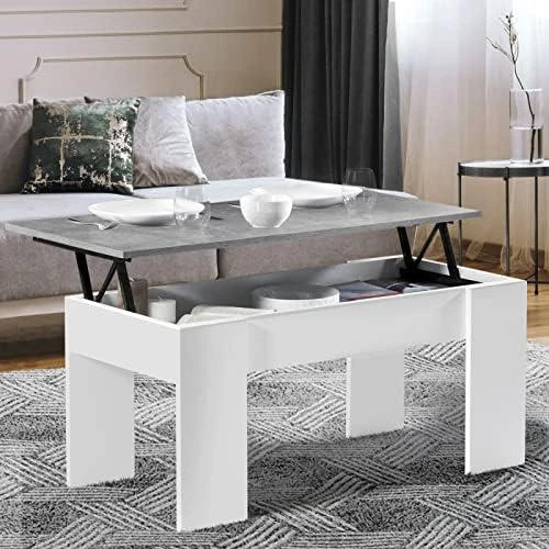 Détail de Table Basse IDMarket Plateau Relevable Rectangulaire Bois Blanc