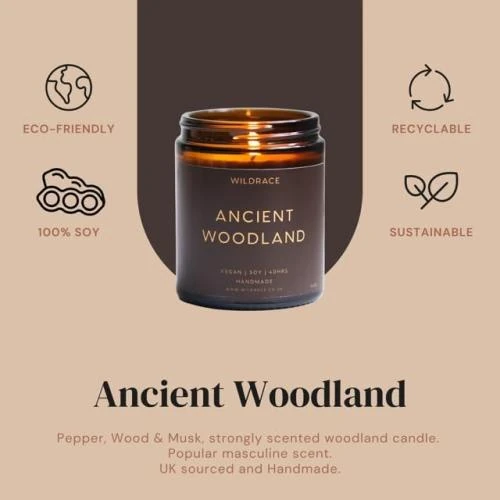 Zoom sur Bougie parfumée Ancient Woodland WILDRACE, luxe durable, cire soja