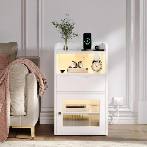 Table de chevet moderne, blanc, 1 tiroir, 2 ports USB - Vue principale