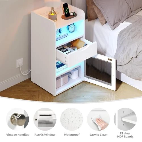 Zoom sur Table de chevet moderne, blanc, 1 tiroir, 2 ports USB