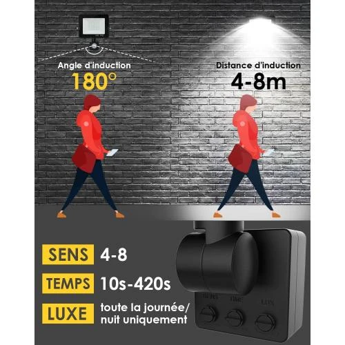 Zoom sur Projecteur LED 30W, 3000LM, IP66, Noir, Détecteur Mouvement