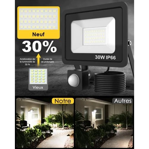 Détail de Projecteur LED 30W, 3000LM, IP66, Noir, Détecteur Mouvement