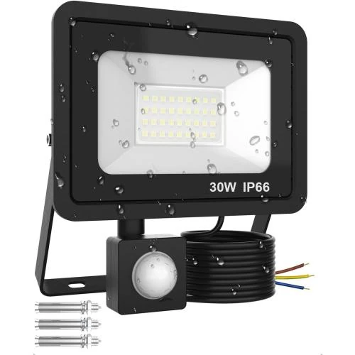 Projecteur LED 30W, 3000LM, IP66, Noir, Détecteur Mouvement - Vue principale