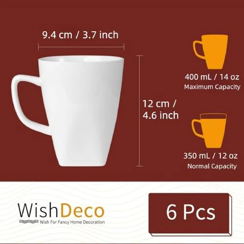 Zoom sur WishDeco 6 Tasses en Céramique Blanches, Mugs Grandes