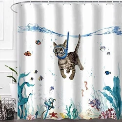 Rideau de Douche Imperméable Chat Océan - Polyester Lavable avec Crochets