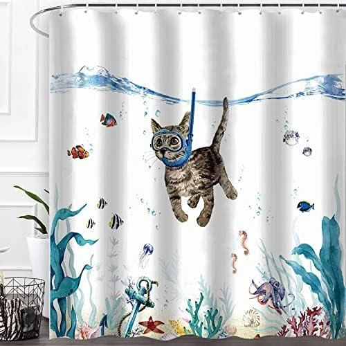 Rideau de Douche Imperméable Chat Océan - Polyester Lavable avec Crochets - Vue principale