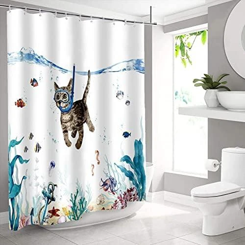 Détail de Rideau de Douche Imperméable Chat Océan - Polyester Lavable avec Crochets