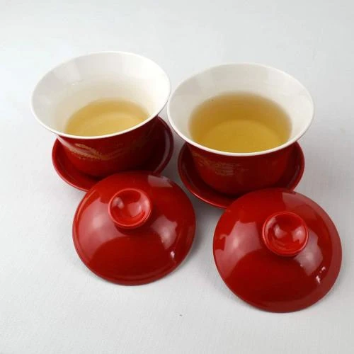 Zoom sur Tasses à thé porcelaine, motif dragon, phoenix, Liang Baobao